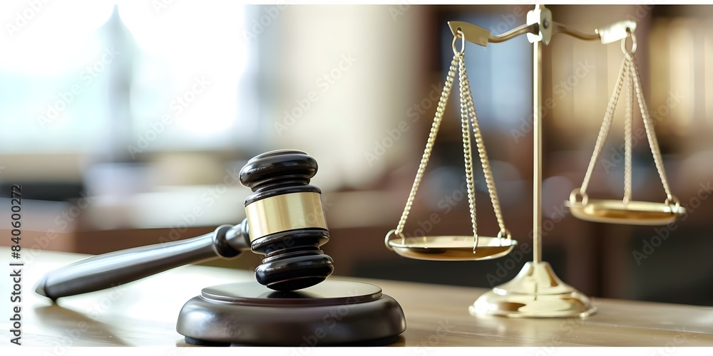 Symbolism of the courtroom gavel and scales of justice in law and