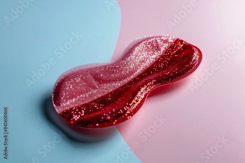 Red gummy heart on pink and blue background photo