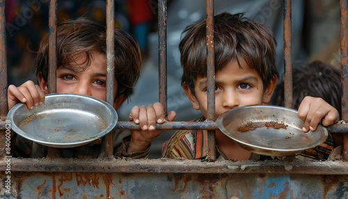 Recreation of children with empty plates behind iron bars