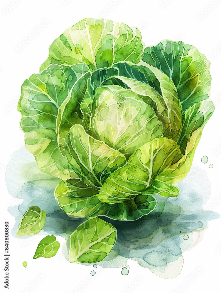 Fototapeta premium Vibrant watercolor painting of Cabbage with splashes of color adding a dynamic and artistic feel