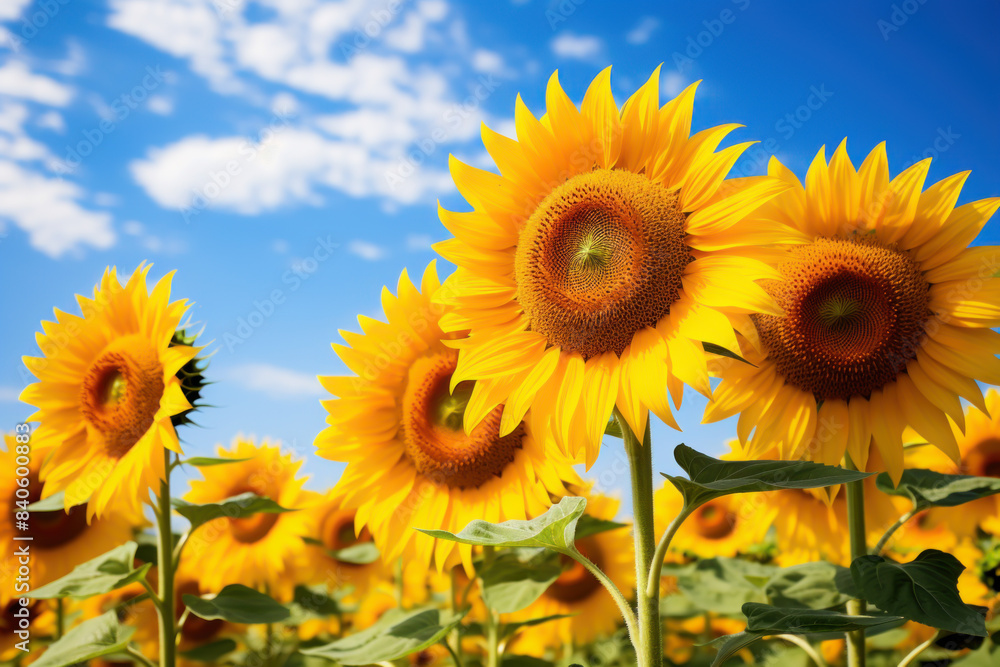 Obraz premium Summer nature sunflower on blue sky abstract background. Generative ai.