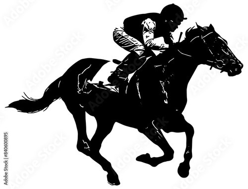 Jockey and racing horse in motion, isolated 