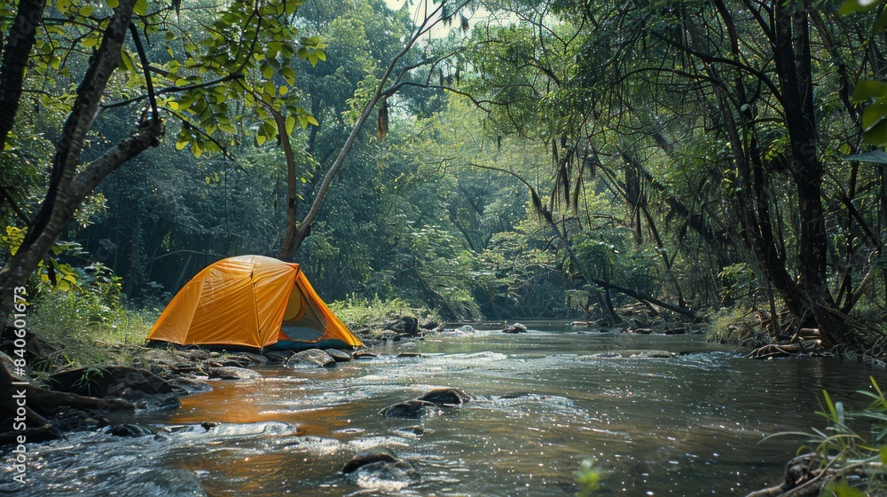Scenic camping site with a bright orange tent beside a serene river, surrounded by lush green forest under a clear sky.