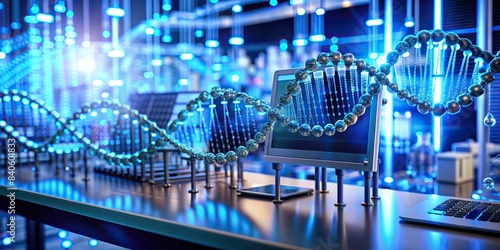DNA sequencing technology in a medical laboratory setting, genetics, science, research, healthcare, technology, laboratory, innovation, biotechnology, testing, analysis, medicine