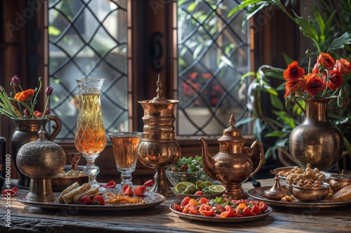 A table setting with copperware  featuring tea  snacks  and flowers