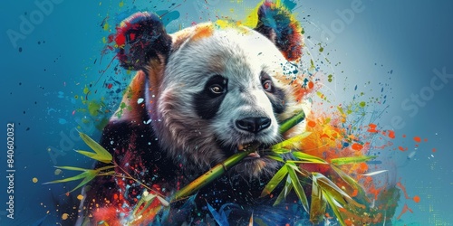 Vibrant artistic illustration of a panda holding bamboo, blending abstract colors for a dynamic and captivating visual experience. photo