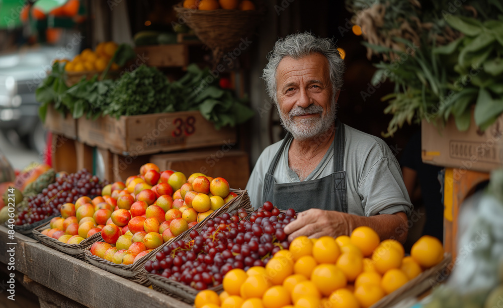 Smiling senior man vendor fruit market stall variety fresh produce. Outdoor market vendor portrait Smiling senior man vendor fruit market stall variety fresh produce. Outdoor market vendor portrait