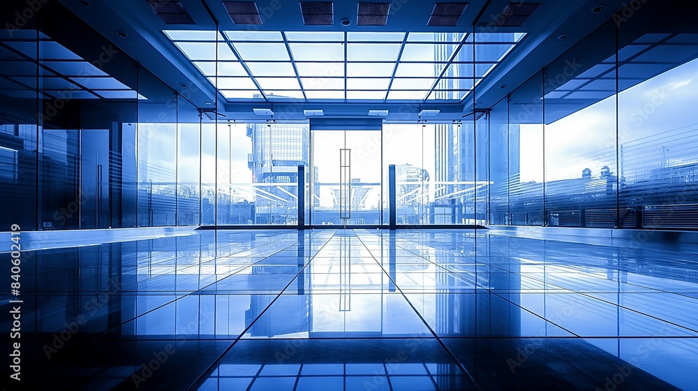 Futuristic Glass Office with Blue Tint Futuristic Glass Office with Blue Tint