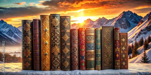 A serene lineup of ornately decorated books with a backdrop of snowy mountains and soft sunset light , books, ornate, decoration, snowy mountains, sunset, light, serene, peaceful, tranquility photo