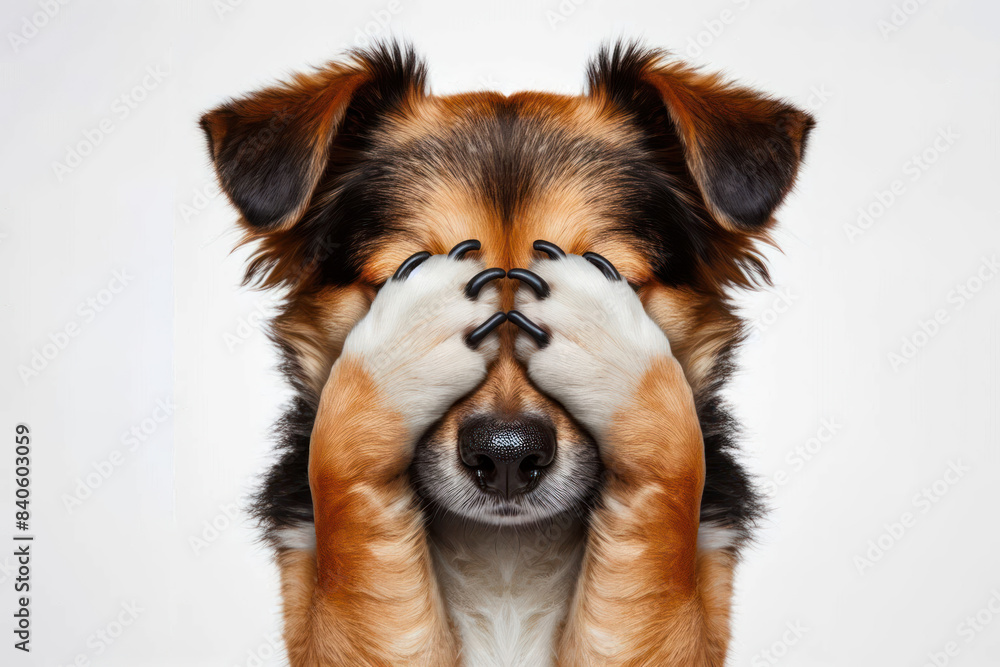 Fototapeta premium Funny Dog covers his nose and eyes with his paws Isolated on white background