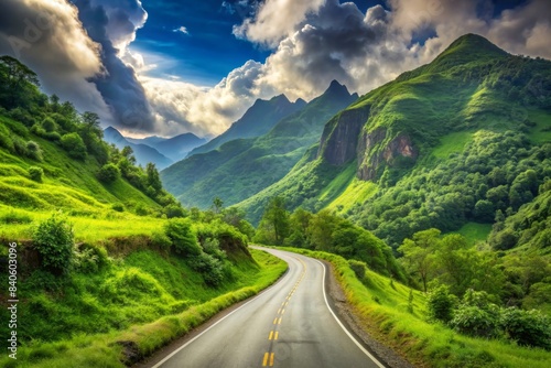 Scenic mountain road winding through lush green landscape, mountain, road, scenic, landscape, nature, trees, winding, green