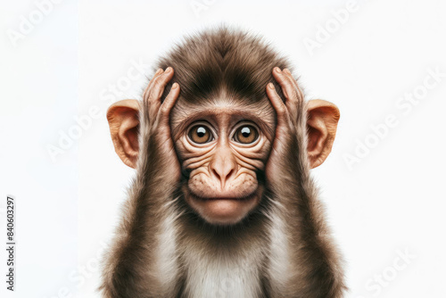 Funny monkey covers his ears with his paws Isolated on white background