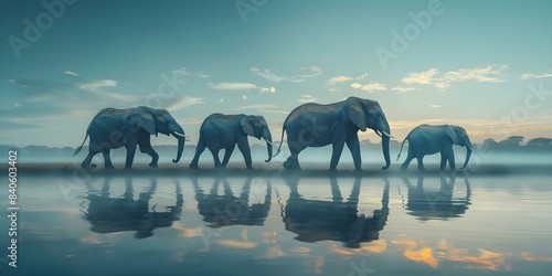 Elephants migrating in response to food and water scarcity caused by climate change. Concept Elephant Migration, Climate Change, Food Scarcity, Water Scarcity photo