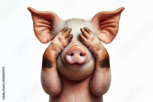Funny pig covers his eyes with his paws Isolated on white background