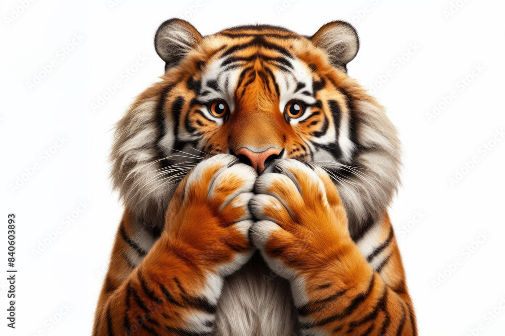 Fototapeta premium Funny Tiger covers his mouth with his paws Isolated on white background