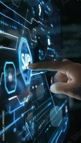 Interactive Technology: Finger Touching SAP Button on Digital Big Screen
