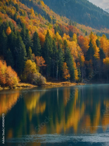 Autumn watercolor, mountains, forests, and lake. Captivating woodland scene. © xKas