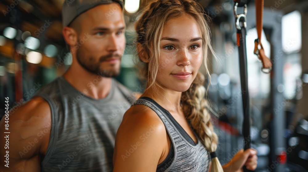 Personal trainer guiding a client through a workout in a state-of-the-art gym, highlighting fitness and health. Personal trainer guiding a client through a workout in a state-of-the-art gym, highlighting fitness and health.