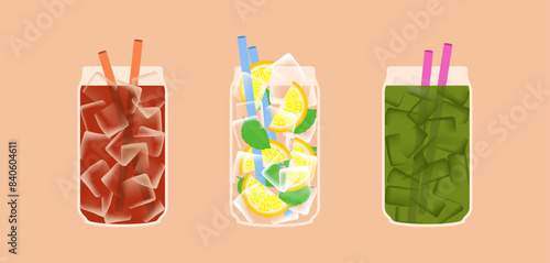Set of summer refreshing beverages. Collection of soft drinks like iced coffee, ice matcha tea and water with lemon. Vector illustration