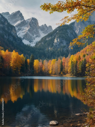 Autumn watercolor  mountains  forests  and lake. Captivating woodland scene.