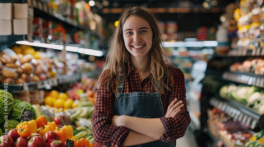 Happy female owmer at cafa or grocery with arms crossed, portrait happy women with a laptop at supermarket, retall business startup, Generative Ai Happy female owmer at cafa or grocery with arms crossed, portrait happy women with a laptop at supermarket, retall business startup, Generative Ai