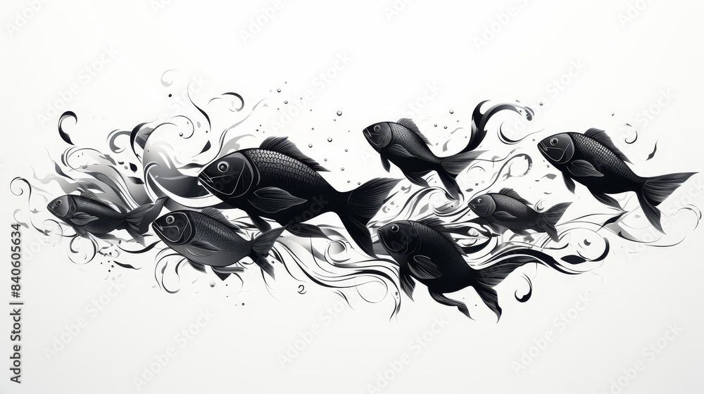 Swarming fish school flat design, side view, oceanography theme, cartoon drawing, black and white Swarming fish school flat design, side view, oceanography theme, cartoon drawing, black and white