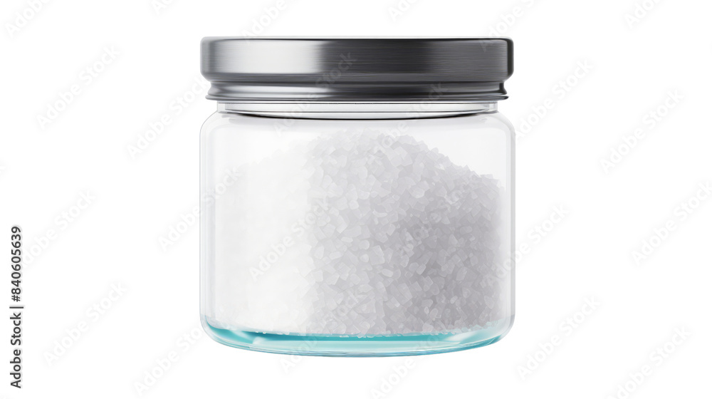 Clear glass jar filled with coarse sea salt on white background, showcasing a clean and minimal kitchen ingredient storage solution. Clear glass jar filled with coarse sea salt on white background, showcasing a clean and minimal kitchen ingredient storage solution.