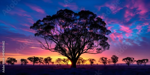 Silhouette of Australian gum trees under a colorful outback sky. Concept Nature, Australian landscapes, Silhouette photography, Outback scenery, Colorful skies © Ян Заболотний