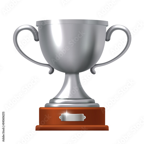 Silver cup on a wooden stand. Vector 3d clipart.