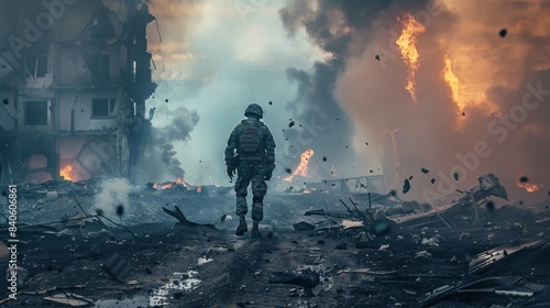 A man in a military uniform walks through a war zone scene is chaotic and filled smoke and debris. photo