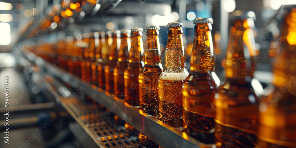 Beer bottles moving along a production line in a modern brewery, showcasing the efficiency and industrial process of beverage manufacturing.. Beer bottles moving along a production line in a modern brewery, showcasing the efficiency and industrial process of beverage manufacturing..