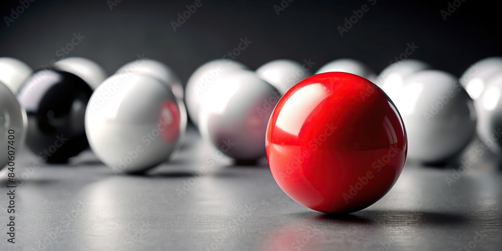 Red ball standing out on black and white background with contrast and