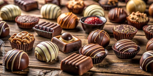 A close-up shot of a pile of assorted chocolates on a rustic wooden table, chocolate, background, sweets, dessert, cocoa, delicious, treat, indulgence, snack, confectionery, temptation, brown