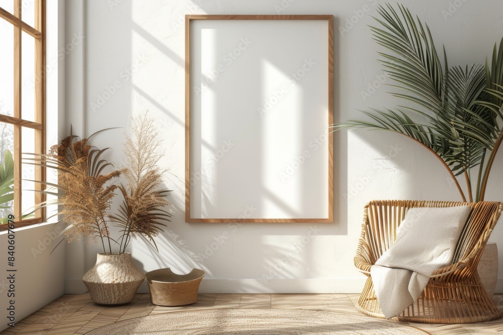 Poster frame mockup in minimalist brown interior created with generative ai Poster frame mockup in minimalist brown interior created with generative ai