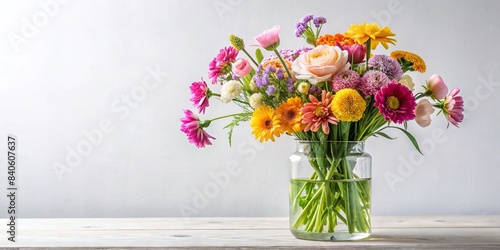 Freshly cut flowers in a glass vase on a white background, floral arrangement, bloom, decoration, botanical, beautiful, colorful, arrangement, interior design, nature, flora, bouquet, vase