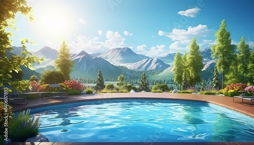 A beautiful mountain landscape with a pool of water in the foreground photo