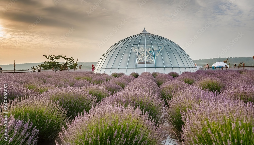 Obraz premium A vibrant lavender field leads to modern glass domes under a partly cloudy sky.