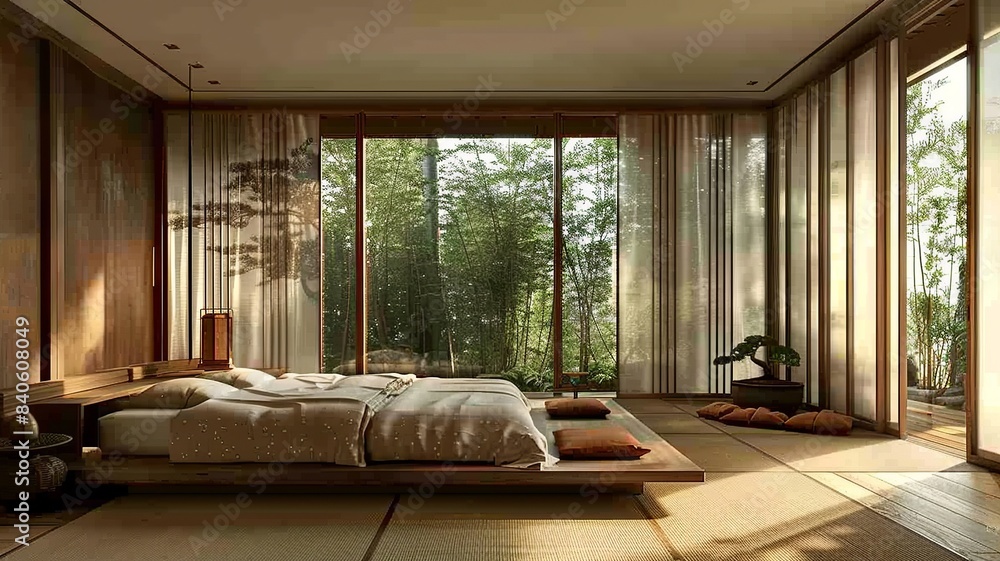 This image depicts a luxurious spa-like Asian bedroom retreat, featuring a plush canopy bed, designed to offer ultimate relaxation and tranquility in an elegant setting. This image depicts a luxurious spa-like Asian bedroom retreat, featuring a plush canopy bed, designed to offer ultimate relaxation and tranquility in an elegant setting.