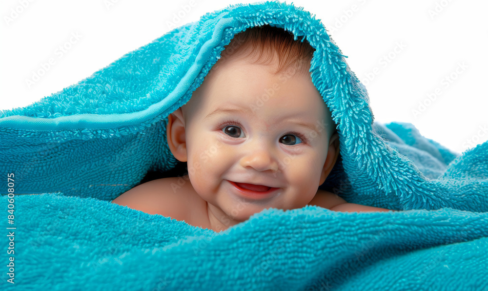 adorable smiling different baby toddler wrapped in a blue towels for greeting cards, newborn posters, pediatric childcare posts, parenting love banners, baby shower, birth cards adorable smiling different baby toddler wrapped in a blue towels for greeting cards, newborn posters, pediatric childcare posts, parenting love banners, baby shower, birth cards