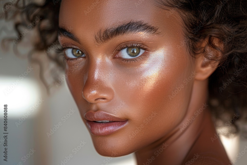 Naklejka premium Illuminate the model's face with soft, natural light, highlighting the delicate contours of their skin. Enhance the glow with a subtle shimmering highlight.
