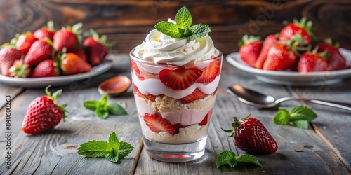 Strawberry ice cream parfait with whipped cream on a glass cup , dessert, sweet, delicious, treat, food, cold, frozen, creamy, fruit, strawberry, parfait, layered, summer, refreshing