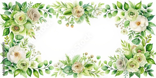 Green and white frame border with watercolor flowers   watercolor  painting  flowers  border  white  green art  design  pastel  delicate  botanical  leaves  floral  nature  decorative