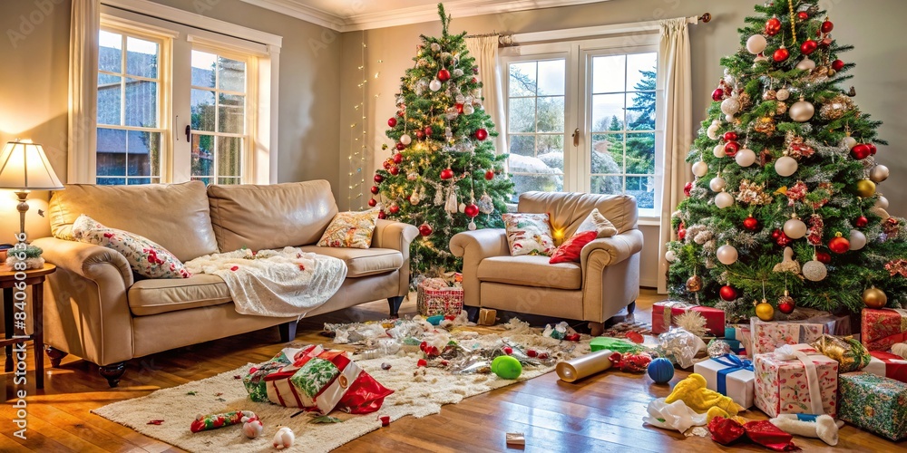 A messy living room with a Christmas tree covered in torn wrapping paper , Christmas, tree, torn, gift wrap, throwaway culture, holiday, decorations, waste, floor, mess, consumerism