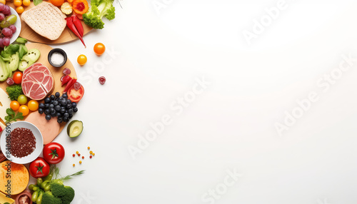 A white background with a variety of fruits and vegetables