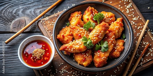 Top down view of Korean sweet and spicy deep-fried food with sesame seeds, chopsticks, and dipping sauce , Korean, sweet, spicy, deep-fried, snack, appetizer, crispy, sesame seeds, sauce photo