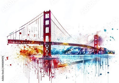 Golden Gate Bridge, San Francisco in the style of watercolor. Watercolour illustration of the iconic bridge on a white background