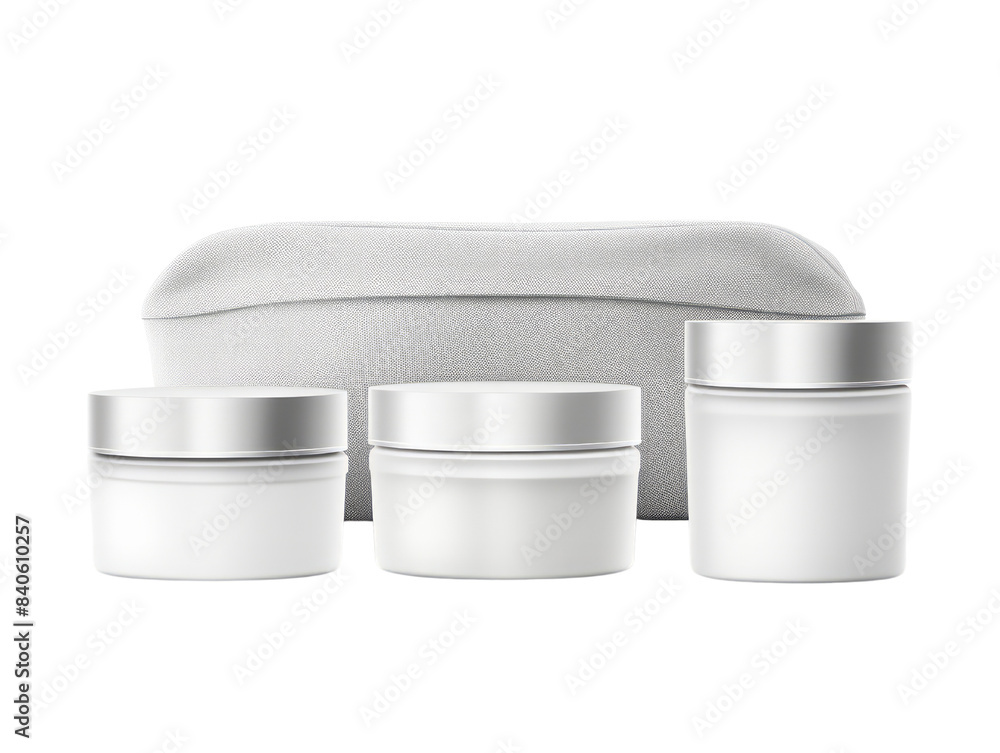 Elegant skincare container set with cream jars and a cosmetic bag. Ideal for beauty product branding and packaging designs.