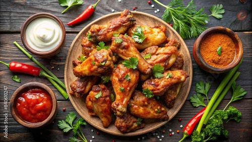 Delicious hot wings seen from above on a background, spicy, tasty, food, chicken, wings, appetizer, meal, crispy, fried, buffalo, barbecue, snack, delicious, tangy, savory, top view