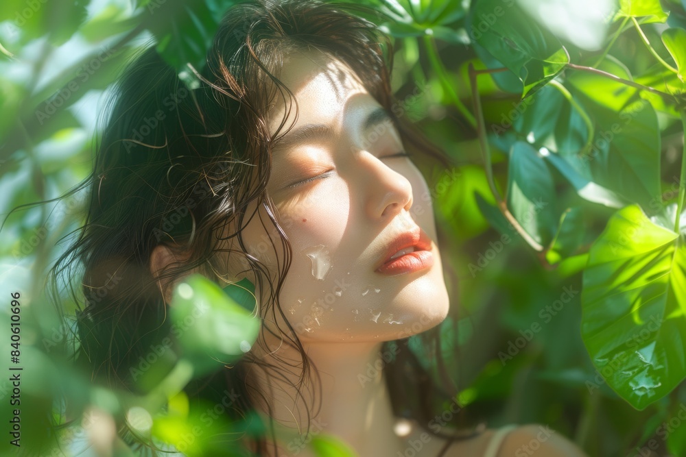 model in a serene environment, surrounded by lush greenery, emphasizing the harmony between nature and skincare. Let the sunlight gently kiss their skin, revealing its natural radiance. model in a serene environment, surrounded by lush greenery, emphasizing the harmony between nature and skincare. Let the sunlight gently kiss their skin, revealing its natural radiance.