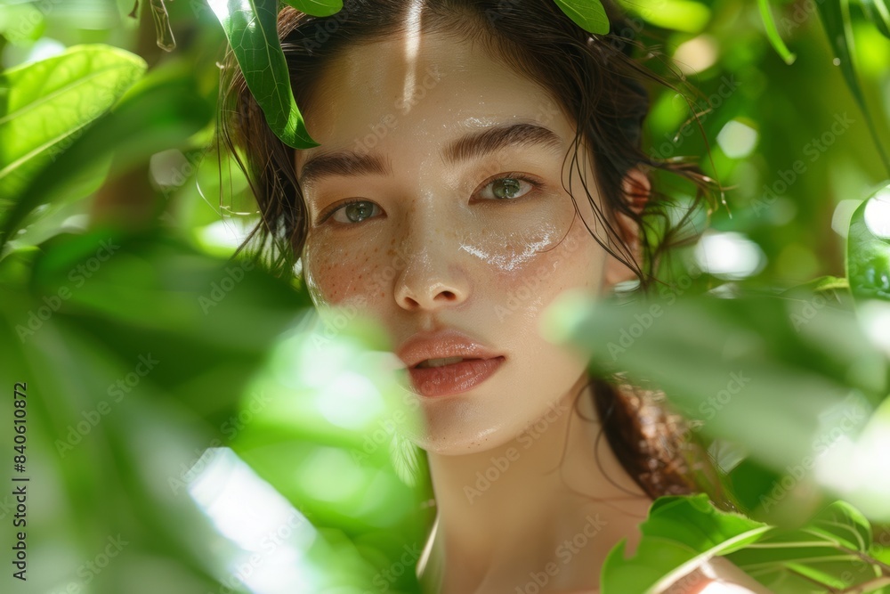 model in a serene environment, surrounded by lush greenery, emphasizing the harmony between nature and skincare. Let the sunlight gently kiss their skin, revealing its natural radiance. model in a serene environment, surrounded by lush greenery, emphasizing the harmony between nature and skincare. Let the sunlight gently kiss their skin, revealing its natural radiance.
